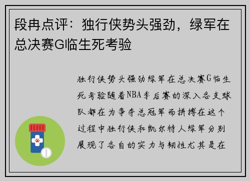 段冉点评：独行侠势头强劲，绿军在总决赛G临生死考验