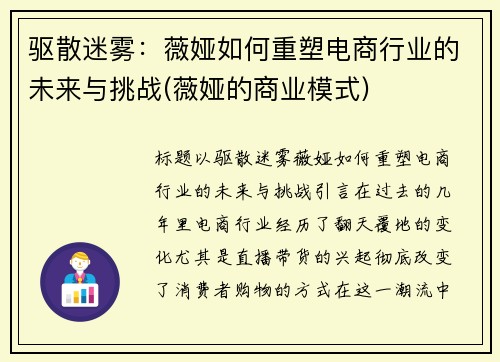 驱散迷雾：薇娅如何重塑电商行业的未来与挑战(薇娅的商业模式)