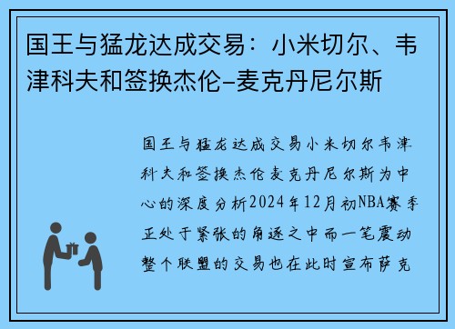 国王与猛龙达成交易：小米切尔、韦津科夫和签换杰伦-麦克丹尼尔斯