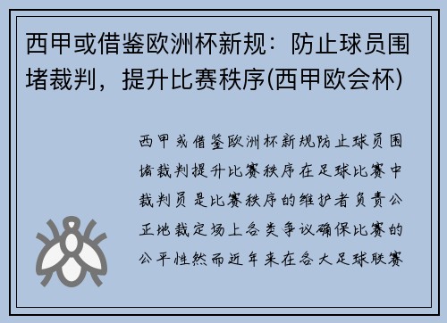 西甲或借鉴欧洲杯新规：防止球员围堵裁判，提升比赛秩序(西甲欧会杯)